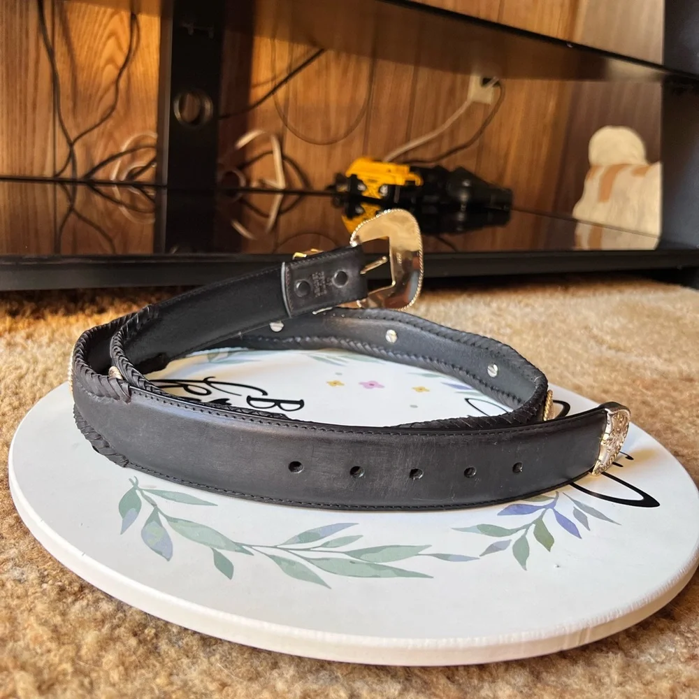 Women’s genuine black leather western belt with a gold-toned buckle and conchos. - Picture 8 of 17
